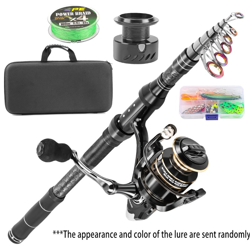 Reel Spare Spool - Kohlefaser-Teleskop-Angelrute mit Rolle, Komplettset mit Ersatzspule,